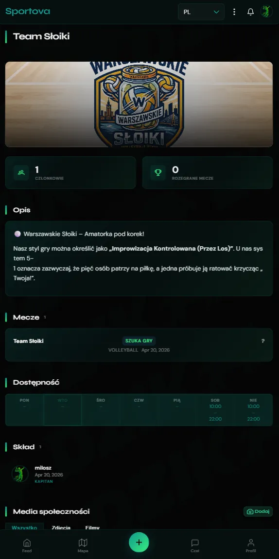 Profil drużyny w aplikacji